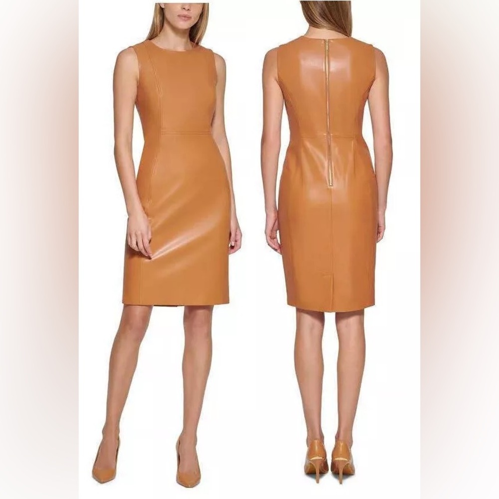 NWT CALVIN KLEIN Faux Leather Sheath Dress Exposed Back Zipper Size 12 Beige